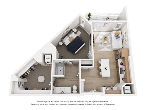 Floor plan for 1 bed, 1 bath, 855 sqft